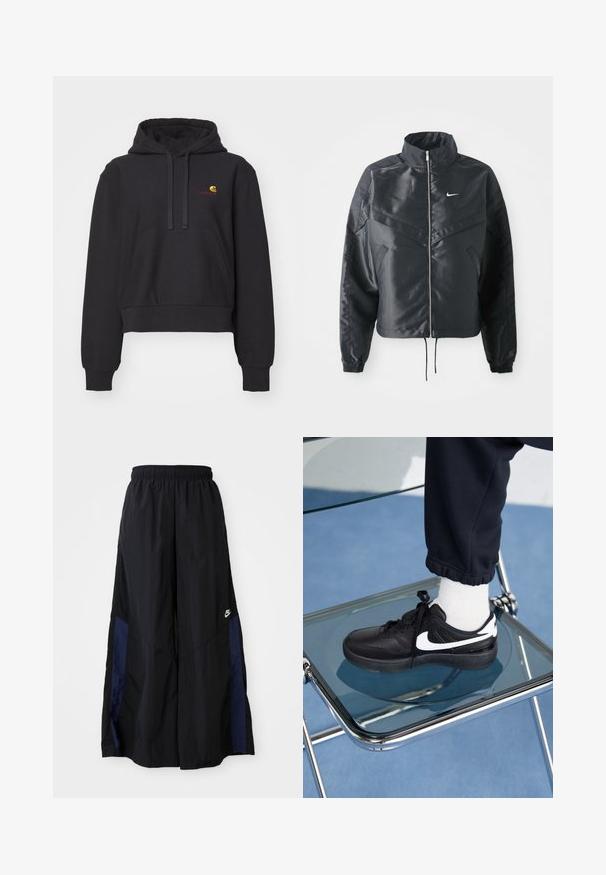 Schwarze, verkürzte Jacke mit hohem Kragen, Reißverschluss, Elastan-Ärmeln und einem weißen Nike-Logo. Glattes, glänzendes Material mit leicht strukturiertem Oberflächeneffekt.; Schwarze, verkürzte Kapuzenjacke aus weichem Stoff, mit Kängurutasche, Kordelzugkapuze und gesticktem Logo in Gelb und Rot.; Schwarze weit geschnittene Hose aus leichtem Stoff, mit einem dunkelblauen Seitenpanel und einem elastischen Bund. Kleines weißes Logo am unteren Ende.; Schwarze Nike-Sneaker mit weißen Akzenten, die über eine glatte Ledertextur, ein Schnürdesign und eine abgerundete Zehenform verfügen, platziert auf einem Glasstuhl.