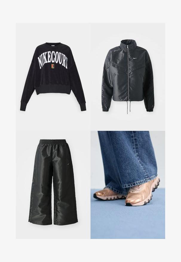 Schwarze, verkürzte Jacke mit hohem Kragen, Reißverschluss, Elastan-Ärmeln und einem weißen Nike-Logo. Glattes, glänzendes Material mit leicht strukturiertem Oberflächeneffekt.; Schwarzer, kurzer Sweatshirt mit "NIKECOURT" in weißen, erhabenen Buchstaben. Verfügt über ein farbiges Quadrat-Logo auf der Vorderseite und gerippte Bündchen. Weicher Stoff.; Schwarze Sporthose aus glänzendem, glattem Stoff, mit einem elastischen Bund, weitem Bein und einem kleinen Logo auf der linken Seite.; Sneaker mit einem obermaterial aus metallisch rose-gold und strukturiertem Design, ausgestattet mit schwarzen Gummisohlen. Kombiniert mit weit geschnittenen blauen Jeans.