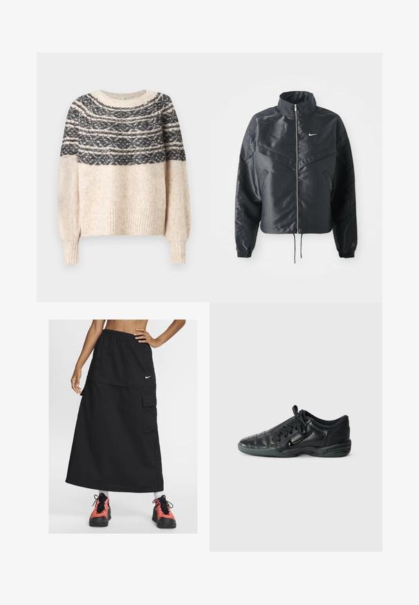 Svart cropped jakke med høy krage, glidelåsåpning, elastiske mansjetter og en hvit Nike-logo. Glatt, shiny stoff med en lett teksturert overflate.; Cremefarget og svart strikket genser med mønstret yoke, ribbestrikkede mansjetter og hem, vist mot en enkel bakgrunn.; Svart atletisk maxiskjørt med elastisk linning, med en frontlomme og Nike-logo. Båret med fargerike treningssko.; Svarte lær idrettssko med en quiltert design, rund tå, snøring foran og gummisåle. Har diskret merkevare på siden.
