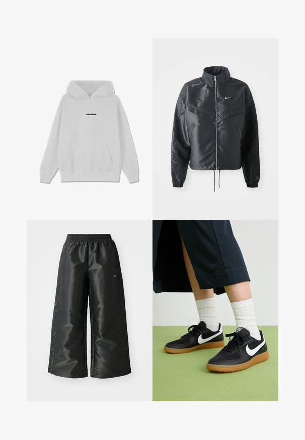 Giacca nera cropped con colletto alto, chiusura a zip, polsini in elastan e logo Nike bianco. Tessuto liscio e lucido con una superficie leggermente texturizzata.; Felpa bianca con tasca frontale e cappuccio con cordino. Caratterizzata da testo nero "PEGAODR" centrato sul petto. Materiale morbido in misto cotone.; Pantaloni sportivi neri con un tessuto lucido e morbido, dotati di una vita elasticizzata, gambe larghe e un piccolo logo sul lato sinistro.; Sneaker in pelle nera e sintetica con logo Nike bianco, suola in gomma, punta rotonda e lacci neri. Calze bianche a righe visibili.