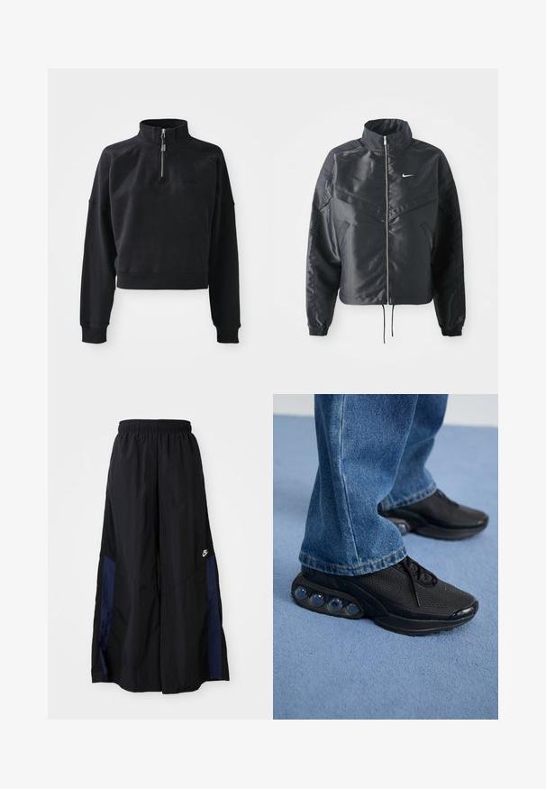 Casaco preto curto com colarinho alto, fecho de zip, punhos em elastano e um logótipo Nike branco. Tecido suave e brilhante com uma superfície ligeiramente texturizada.; Sweatshirt cropped preto com colarinho alto, fecho de zíper de um quarto e punhos canelados. Feito de material suave com uma marcação discreta na parte da frente.; Calças largas pretas feitas de tecido leve, com um painel lateral azul-marinho e cintura elástica. Pequeno logótipo branco na parte inferior.; Ténis atléticos pretos com parte superior em malha, detalhes texturizados e almofadas de amortecimento de ar visíveis na sola. Usados com uns jeans de ganga azuis.