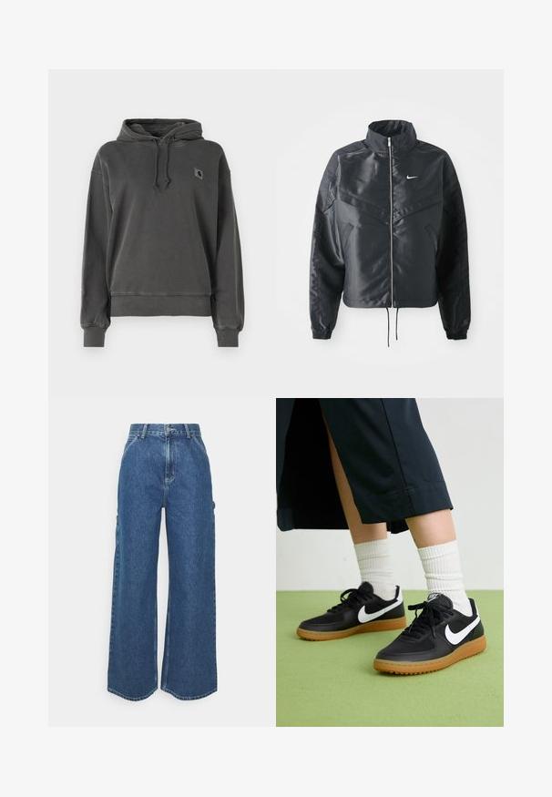 Čierna skrátená bunda s vysokým golierom, zipsovým uzatváraním, elastickými manžetami a bielym logom Nike. Hladká, lesklá tkanina s mierne textúrovaným povrchom.; Carhartt WIP HOODED NELSON - Mikina - graphite; Dlhé modré džínsy so širokými nohavicami a vysokým pásom, s kontrastným prešívaním a bočnými vreckami, s klasickým dizajnom piatich vreciek a surovými lemami.; Čierne kožené a syntetické tenisky so bielym logom Nike, gumenou podrážkou, okrúhlou špičkou a čiernymi šnúrkami. Viditeľné biele pruhované ponožky.