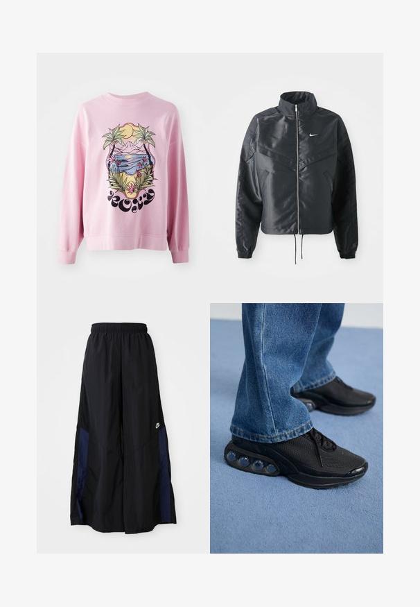 Black cropped jacket with high collar, zip closure, elastane cuffs, and a white Nike logo. Smooth, shiny fabric with a slightly textured surface.; Pink sweatshirt featuring a vibrant graphic of palm trees and a beach scene with mountains, sun, and floral details. Long sleeves and ribbed cuffs.; Black wide-leg pants made of lightweight fabric, featuring a navy blue side panel and an elastic waistband. Small white logo on bottom.; Black athletic sneakers with mesh upper, textured accents, and visible air cushioning pods in the sole. Worn with blue denim jeans.
