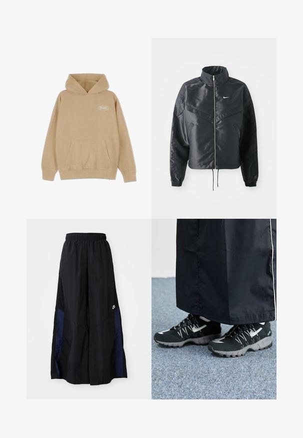 Zwarte cropped jack met hoge kraag, ritsluiting, elastische manchetten en een wit Nike-logo. Glad, glanzend materiaal met een licht gestructureerd oppervlak.; Beige hoodie met een voorzak, koordjes in de kap en ribgebreide manchetten en zoom. Bevat een klein wit logo aan de linkerkant.; Zwarte wijdlopende broek van lichtgewicht stof, met een marineblauwe zijpaneel en een elastische tailleband. Klein wit logo onderaan.; Zwarte atletische schoenen met een gestructureerde bovenkant, zilveren accenten en een gestippelde loopzool, gecombineerd met een zwart lang kledingstuk. Geplaatst op een blauwe vloerbedekking.