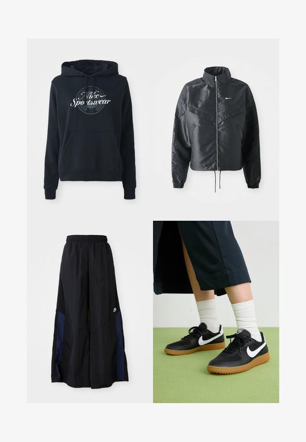 Černá zkrácená bunda s vysokým límcem, zipovým zapínáním, elastickými manžetami a bílým logem Nike. Hladká, lesklá látka s mírně strukturovaným povrchem.; Černá mikina s kapucí vyrobená z bavlněné směsi, s přední klokaní kapsou, stahovací kapucí a kruhovou grafikou s textem „Nike Sportswear“.}}; Černé kalhoty širokého střihu vyrobené z lehkého materiálu, s námořnickou modrou bočním panelem a elastickým pasem. Malé bílé logo na spodní části.; Černé kožené a syntetické tenisky s bílým logem Nike, gumovou podrážkou, kulatou špičkou a černými tkaničkami. Viditelné žebrované bílé ponožky.