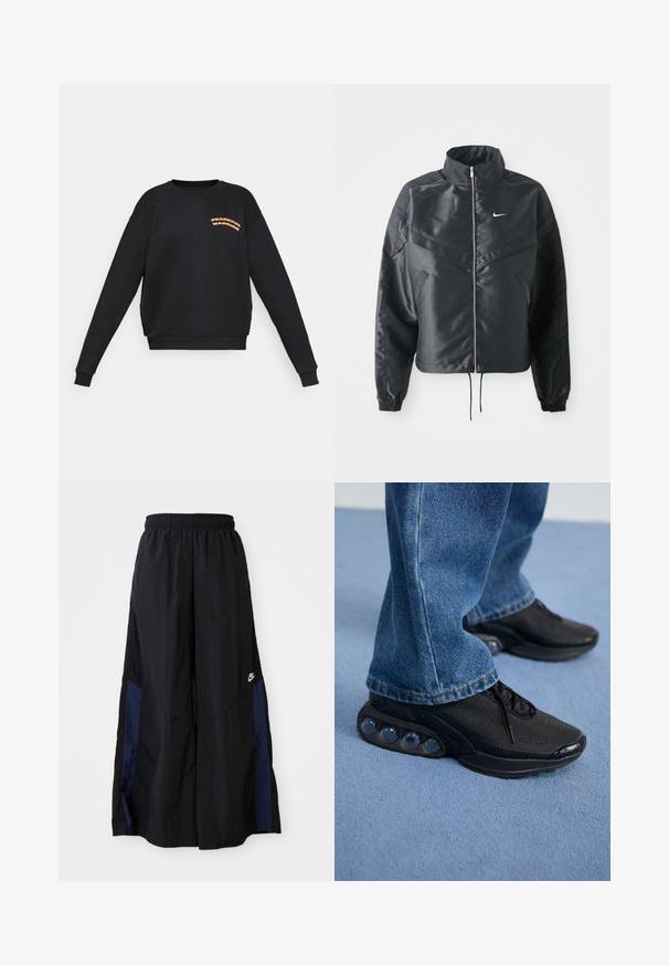Juoda trumpa striukė su aukštu coloru, užtrauktuku, elastaniniu rankogaliu ir balta Nike logotipu. Lygus, blizgus audinys su šiek tiek tekstūruotu paviršiumi.; Juoda ilgomis rankovėmis džemperis su oranžiniu „Ramūs Kariai“ tekstu kairėje krūtinės pusėje, su apvalia iškirpte ir juostinėmis rankogaliais bei apatine dalimi.; Juodos plačios kojų kelnės, pagamintos iš lengvos medžiagos, su tamsiai mėlyna šonine juostele ir elastinga juosmens juosta. Maža balta logotipo etikete apačioje.; Juodi sportiniai bateliai su tinkliniu viršumi, tekstūruotais akcentais ir matomais oro pagalvėmis pado viduje. Dėvimi su mėlynais džinsais.