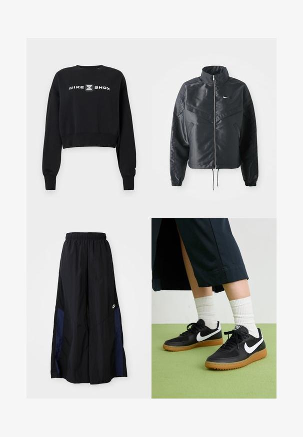 Casaco preto curto com colarinho alto, fecho de zip, punhos em elastano e um logótipo Nike branco. Tecido suave e brilhante com uma superfície ligeiramente texturizada.; Sweatshirt curto preto feito de tecido suave, com mangas longas e decote redondo. Logotipo branco da Nike Shox centrado na parte da frente.; Calças largas pretas feitas de tecido leve, com um painel lateral azul-marinho e cintura elástica. Pequeno logótipo branco na parte inferior.; Sapatilhas pretas em couro e sintético com o logo da Nike em branco, sola de borracha tipo goma, bico redondo e atacadores pretos. Meias brancas com frunces visíveis.