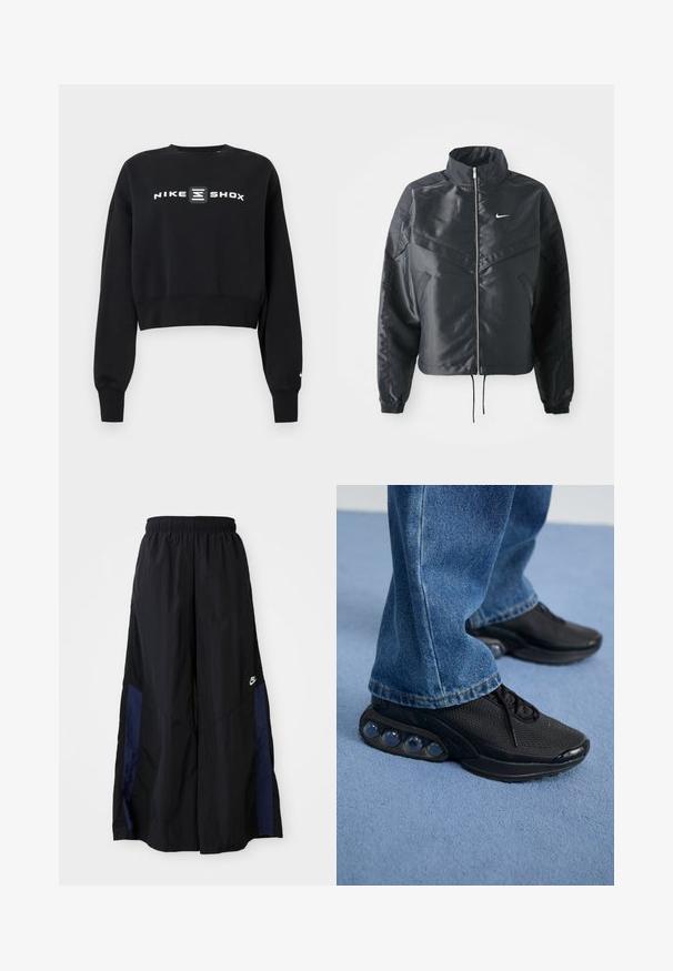 Czarna krótka kurtka z wysokim kołnierzem, zamek błyskawiczny, ściągacze z elastanu i białe logo Nike. Gładki, błyszczący materiał o lekko teksturowanej powierzchni.; Czarny krótki sweatshirt wykonany z miękkiego materiału, z długimi rękawami i okrągłym dekoltem. Na środku z przodu znajduje się biały logo Nike Shox.; Czarne spodnie szerokie wykonane z lekkiego materiału, z granatowym bocznym panelem i elastycznym paskiem w talii. Małe białe logo na dole.; Czarne sportowe sneakersy z siateczkową cholewką, teksturowanymi akcentami i widocznymi poduszkami powietrznymi w podeszwie. Noszone z niebieskimi dżinsami.