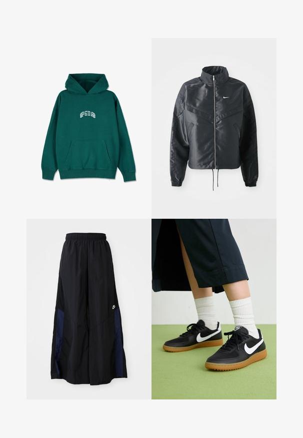 Casaco preto curto com colarinho alto, fecho de zip, punhos em elastano e um logótipo Nike branco. Tecido suave e brilhante com uma superfície ligeiramente texturizada.; Sweatshirt verde com capuz, feito de tecido suave, apresenta um bolso frontal e um design de texto bordado em branco no peito. Ajuste confortável, punhos canelados.; Calças largas pretas feitas de tecido leve, com um painel lateral azul-marinho e cintura elástica. Pequeno logótipo branco na parte inferior.; Sapatilhas pretas em couro e sintético com o logo da Nike em branco, sola de borracha tipo goma, bico redondo e atacadores pretos. Meias brancas com frunces visíveis.
