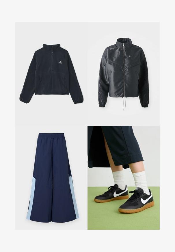 Černá zkrácená bunda s vysokým límcem, zipovým zapínáním, elastickými manžetami a bílým logem Nike. Hladká, lesklá látka s mírně strukturovaným povrchem.; Černý fleecový pulovr s půlzipem, dlouhými raglánovými rukávy, dvěma předními kapsami a trojúhelníkovým logem na levé hrudi.; Námořnické široké kalhoty s elastickým pasem, s modro světle modrými bočními panely a hladkou texturou. Navrženo pro pohodlí a snadný pohyb.; Černé kožené a syntetické tenisky s bílým logem Nike, gumovou podrážkou, kulatou špičkou a černými tkaničkami. Viditelné žebrované bílé ponožky.