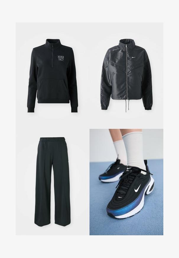 Melna apgriezta jaka ar augstu apkakli, rāvējslēdzēja aizdari, elastīna aprocēm un baltu Nike logo. Gluda, spīdīga auduma ar nedaudz teksturētu virsmu.; Melns Nike džemperis ar pusauztrauku, priekšējo kabatu un logo detaļām. Izgatavots no mīksta auduma ar ribotām piedurknēm un apakšmalu.; Melnas, platajās sporta bikses ar elastīgu jostu. Izgatavotas no gludas, elastīgas auduma, ar viegli pamanāmiem priekšējiem šuvēm un bez kabatām.; Melnie Nike sporta apavi ar gludu auduma virsmu, argradienta zilu uz melnu dizainu, balta zole un izteiksmīgi logotipa akcenti.