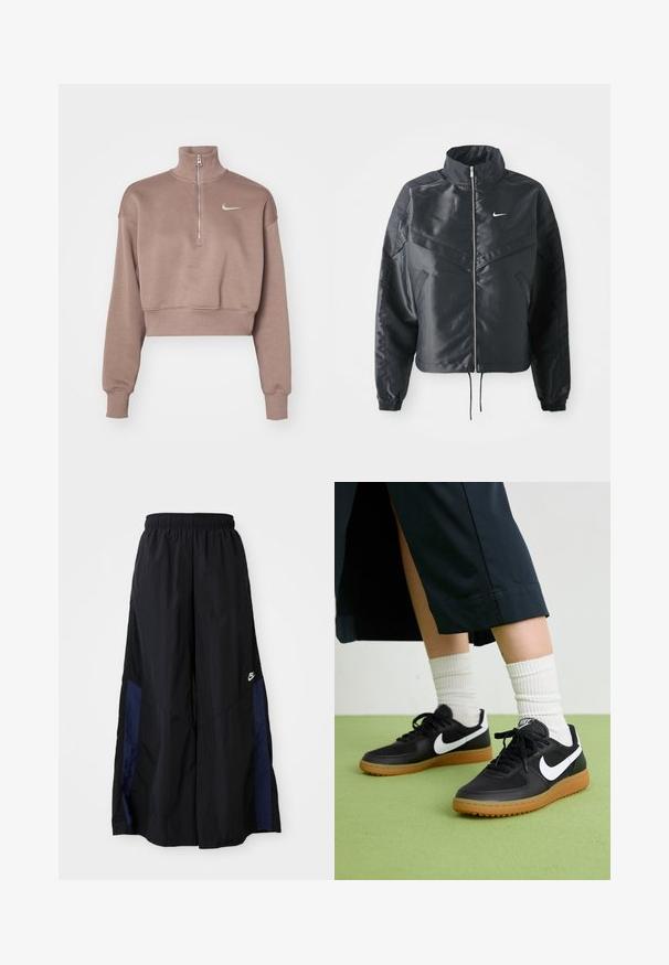 Melna apgriezta jaka ar augstu apkakli, rāvējslēdzēja aizdari, elastīna aprocēm un baltu Nike logo. Gluda, spīdīga auduma ar nedaudz teksturētu virsmu.; Izgriezta, gaiši brūna sporta jaka ar augstu apkakli, sudrabotu rāvējslēdzēju un mazu baltu Nike logo kreisajā krūtī. Mīksta tekstūra, brīvs piegriezums.; Melni plata kāju bikses no viegla auduma, ar tumši zilu sānu paneli un elastīgu jostu. Mazs balts logotips apakšā.; Melna āda un sintētiska materiāla sporta apavi ar baltu Nike logo, gumijas zole, apaļa purngala forma un melni šņores. Redzamas ribotas baltas zeķes.
