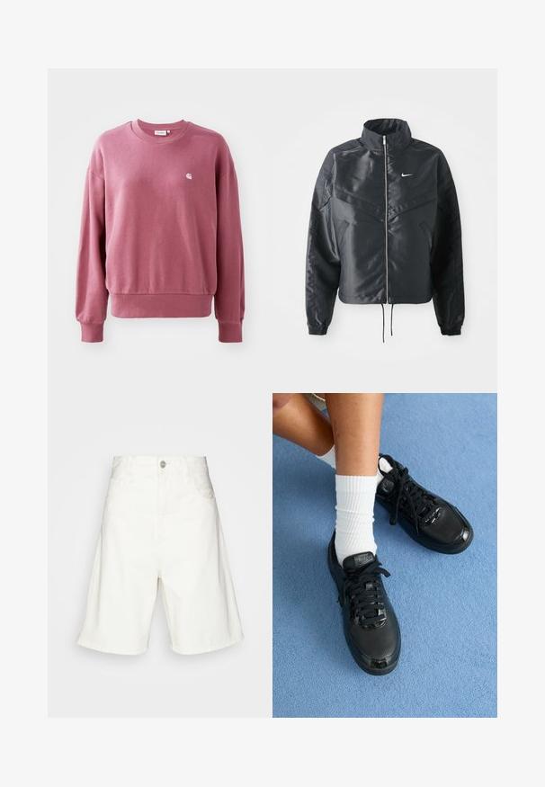 Must kolledžiga must lühike jope, millel on lukuga sulgus, elastne mansett ja valge Nike logo. Sile, läikiv kangas, millel on veidi tekstureeritud pind.; Roosa dressipluus pehmest kangast, ringikujulise kaelusega, pikkade varrukatega ja soonikupidemeid omav. Rinnal on väike logo.; Valged denim lühikesed püksid kõrge vöökohtadega, millel on ees nuppude sulgemine, kaks külgtaskut ja mugav lõige. Sile tekstuur ilma nähtavate mustriteta.; Mustad mustad Nike tennised, millel on tekstuuriga pealisosa, läikivad aktsendid ja ümmargused paelad. Need on kombineeritud valgete soonikste socksidega helesinisel pinnal.