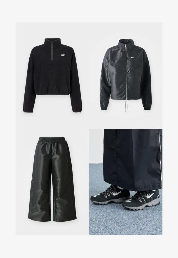 Casaco preto curto com colarinho alto, fecho de zip, punhos em elastano e um logótipo Nike branco. Tecido suave e brilhante com uma superfície ligeiramente texturizada.; Pullover preto de fleece com fecho de quarto, punhos elásticos e logótipo branco da New Balance no peito.; Calças atléticas pretas com um tecido brilhante e suave, apresentando uma cintura elástica, pernas largas e um pequeno logotipo do lado esquerdo.; Tênis atléticos pretos com um cabedal texturizado, detalhes prateados e um solado estampado, combinados com uma peça longa preta. Ambientado sobre um tapete azul.
