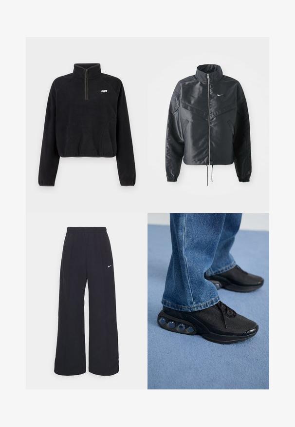 Giacca nera cropped con colletto alto, chiusura a zip, polsini in elastan e logo Nike bianco. Tessuto liscio e lucido con una superficie leggermente texturizzata.; Pullover in pile nero con mezza zip, polsini elasticizzati e logo New Balance bianco sul petto.; Pantaloni neri a gamba larga con cintura elastica e un piccolo logo Nike bianco. Il tessuto ha una texture liscia, progettata per il comfort e l'abbigliamento casual.; Scarpe da ginnastica nere con tomaia in rete, dettagli testurizzati e pod di ammortizzazione visibili nella suola. Indossate con jeans in denim blu.
