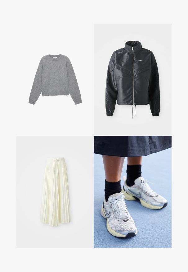 Black cropped jacket with high collar, zip closure, elastane cuffs, and a white Nike logo. Smooth, shiny fabric with a slightly textured surface.; Gray knit sweater with long sleeves, ribbed cuffs, and hem. Round neckline with a relaxed fit and soft texture. No visible patterns or accents.; Pleated midi skirt in light yellow fabric, featuring an elastic waistband with a tie, smooth texture, and vertical stripes for added detail.; White and silver Nike sneakers with mesh fabric, reflective accents, and a beige sole. Worn with black socks, standing on a blue surface.