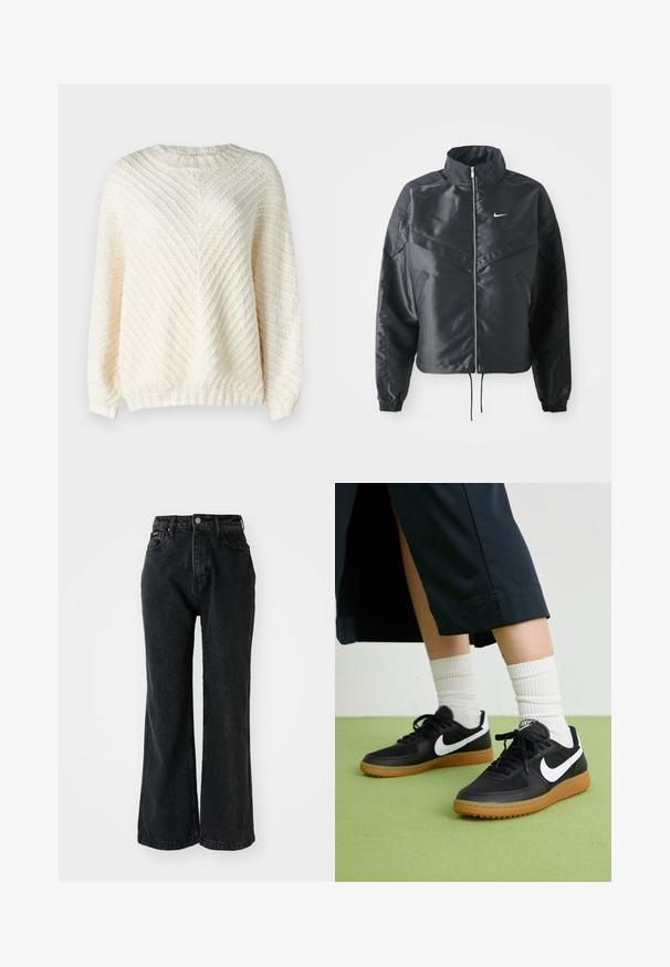 Fekete, rövidített dzseki magas gallérral, cipzáras záródással, elasztikus mandzsettákkal, és fehér Nike logóval. Simább, fényes anyag, enyhén textúrázott felülettel.; Rip Curl CLASSIC SURF - Pulóver - bone; Fekete farmernadrág magas derékkal, széles lábakkal és varrott részletekkel. Öt zsebbel és gombbal rendelkezik a derékpántnál.; Fekete bőr és szintetikus sneakers, fehér Nike logo-val, gumi talppal, kerek orral és fekete fűzővel. Csíkos fehér zokni látható.