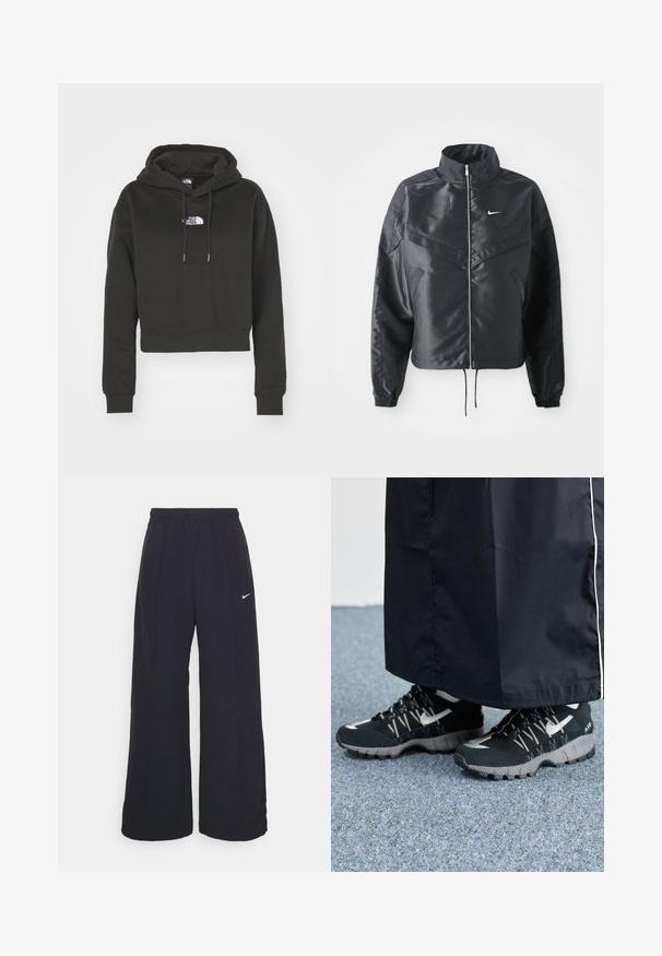 Zwarte cropped jack met hoge kraag, ritsluiting, elastische manchetten en een wit Nike-logo. Glad, glanzend materiaal met een licht gestructureerd oppervlak.; Zwarte hoodie van een katoenmengsel, met een cropped ontwerp, lange mouwen, een trekkoord en een witte geborduurde logo op de borst.; Zwarte wijde broek met een elastische tailleband en een klein wit Nike-logo. De stof heeft een soepele textuur, ontworpen voor comfort en casual gebruik.; Zwarte atletische schoenen met een gestructureerde bovenkant, zilveren accenten en een gestippelde loopzool, gecombineerd met een zwart lang kledingstuk. Geplaatst op een blauwe vloerbedekking.