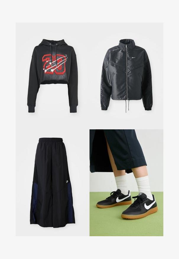 Zwarte cropped jack met hoge kraag, ritsluiting, elastische manchetten en een wit Nike-logo. Glad, glanzend materiaal met een licht gestructureerd oppervlak.; Zwarte cropped hoodie van een katoenmix met een rode graphic "28", witte sterren en twee trekkoorden aan de capuchon. Ribgebreide manchetten.; Zwarte wijdlopende broek van lichtgewicht stof, met een marineblauwe zijpaneel en een elastische tailleband. Klein wit logo onderaan.; Zwarte leren en synthetische sneakers met witte Nike swoosh, rubberen gumzool, ronde neus en zwarte veters. Geribbelde witte sokken zichtbaar.