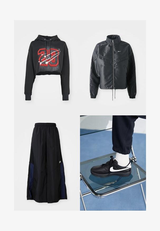 Schwarze, verkürzte Jacke mit hohem Kragen, Reißverschluss, Elastan-Ärmeln und einem weißen Nike-Logo. Glattes, glänzendes Material mit leicht strukturiertem Oberflächeneffekt.; Schwarze cropped Kapuzenjacke aus Baumwollmischung mit einem roten Grafikdruck "28", weißen Sternen und zwei Zugbändern an der Kapuze. Ribbed Cuffs Detail.; Schwarze weit geschnittene Hose aus leichtem Stoff, mit einem dunkelblauen Seitenpanel und einem elastischen Bund. Kleines weißes Logo am unteren Ende.; Schwarze Nike-Sneaker mit weißen Akzenten, die über eine glatte Ledertextur, ein Schnürdesign und eine abgerundete Zehenform verfügen, platziert auf einem Glasstuhl.