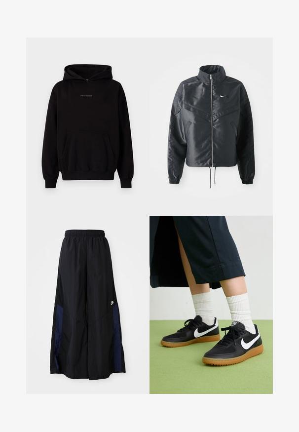 Casaco preto curto com colarinho alto, fecho de zip, punhos em elastano e um logótipo Nike branco. Tecido suave e brilhante com uma superfície ligeiramente texturizada.; Hoodie preto feito de uma mistura de algodão, com um bolso frontal tipo canguru, punhos em ribana e capuz, apresentando o logótipo "PEGADOR" impresso no peito.; Calças largas pretas feitas de tecido leve, com um painel lateral azul-marinho e cintura elástica. Pequeno logótipo branco na parte inferior.; Sapatilhas pretas em couro e sintético com o logo da Nike em branco, sola de borracha tipo goma, bico redondo e atacadores pretos. Meias brancas com frunces visíveis.