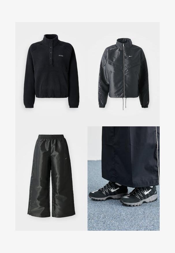 Schwarze, verkürzte Jacke mit hohem Kragen, Reißverschluss, Elastan-Ärmeln und einem weißen Nike-Logo. Glattes, glänzendes Material mit leicht strukturiertem Oberflächeneffekt.; Schwarzer Fleece-Pullover mit Druckknopfkragen und Columbia-Logo auf der linken Brust, ausgestattet mit langen Ärmeln und einem gemütlichen, strukturierten Stoff.; Schwarze Sporthose aus glänzendem, glattem Stoff, mit einem elastischen Bund, weitem Bein und einem kleinen Logo auf der linken Seite.; Schwarze Sportschuhe mit einer strukturierten Oberseite, silbernen Akzenten und einer gemusterten Außensohle, kombiniert mit einem schwarzen langen Kleidungsstück. Auf einem blauen Teppich drapiert.