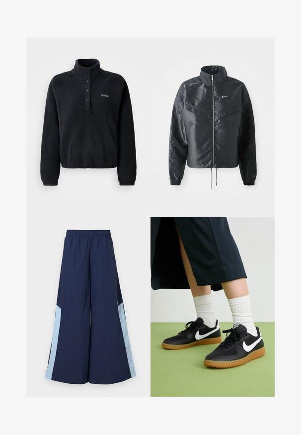 Chaqueta negra corta con cuello alto, cierre de cremallera, puños de elastano y un logo de Nike en blanco. Tejido suave y brillante con una superficie ligeramente texturizada.; Sudadera de forro polar negra con cuello de botones a presión y logo de Columbia en el lado izquierdo del pecho, con mangas largas y una tela texturizada y acogedora.; Pantalones de pierna ancha azul marino con una cintura elástica, que cuentan con paneles laterales de color azul claro y una textura suave. Diseñados para la comodidad y la libertad de movimiento.; Zapatillas de cuero negro y sintético con el swoosh blanco de Nike, suela de goma, punta redonda y cordones negros. Calcetines blancos acanalados visibles.