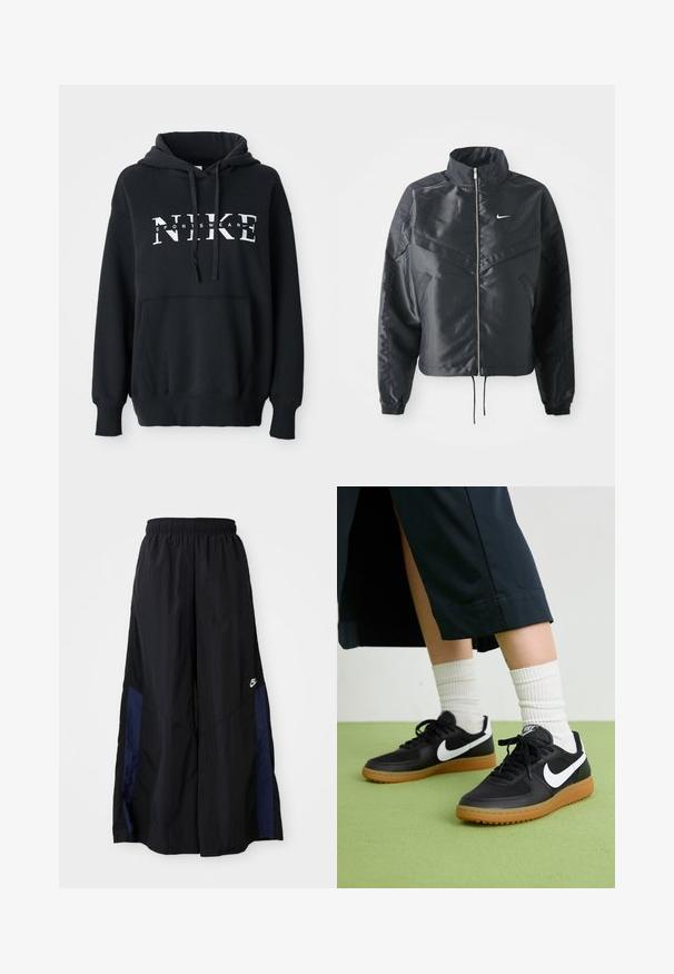 Casaco preto curto com colarinho alto, fecho de zip, punhos em elastano e um logótipo Nike branco. Tecido suave e brilhante com uma superfície ligeiramente texturizada.; Moletom preto da Nike com bolso frontal, grande logótipo no peito, capuz com cordão e punhos e barra canelados. Material de mistura de algodão suave.; Calças largas pretas feitas de tecido leve, com um painel lateral azul-marinho e cintura elástica. Pequeno logótipo branco na parte inferior.; Sapatilhas pretas em couro e sintético com o logo da Nike em branco, sola de borracha tipo goma, bico redondo e atacadores pretos. Meias brancas com frunces visíveis.