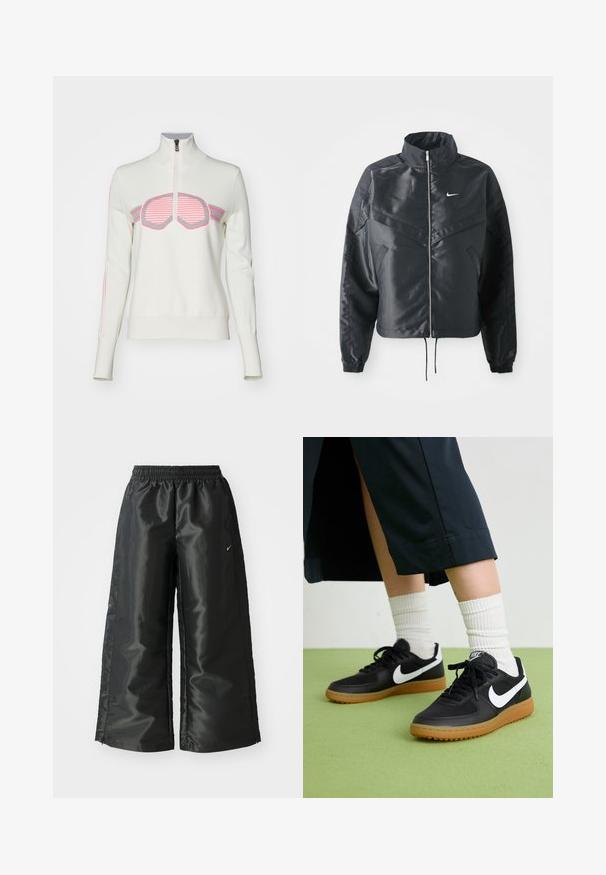 Black cropped jacket with high collar, zip closure, elastane cuffs, and a white Nike logo. Smooth, shiny fabric with a slightly textured surface.; Bogner Fire + Ice AZRA3 - Jumper - light chalk; Black athletic pants with a shiny, smooth fabric, featuring an elastic waistband, wide legs, and a small logo on the left side.; Black leather and synthetic sneakers with white Nike swoosh, rubber gum sole, round toe, and black laces. Ribbed white socks visible.