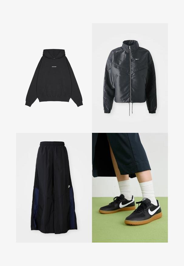 Casaco preto curto com colarinho alto, fecho de zip, punhos em elastano e um logótipo Nike branco. Tecido suave e brilhante com uma superfície ligeiramente texturizada.; Pegador CLARITA - Camisola - black/white; Calças largas pretas feitas de tecido leve, com um painel lateral azul-marinho e cintura elástica. Pequeno logótipo branco na parte inferior.; Sapatilhas pretas em couro e sintético com o logo da Nike em branco, sola de borracha tipo goma, bico redondo e atacadores pretos. Meias brancas com frunces visíveis.