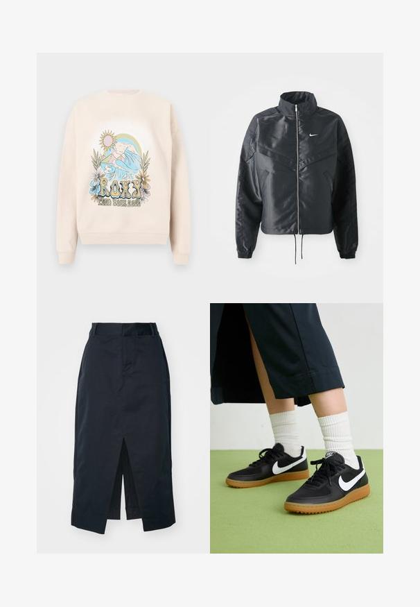 Black cropped jacket with high collar, zip closure, elastane cuffs, and a white Nike logo. Smooth, shiny fabric with a slightly textured surface.; Beige sweatshirt featuring a colorful graphic design with mountains, waves, sun, and flowers. "ROXY" text displayed prominently.; Dark navy midi skirt made of cotton blend fabric, featuring a front slit, concealed zipper, and side pockets for functionality.; Black leather and synthetic sneakers with white Nike swoosh, rubber gum sole, round toe, and black laces. Ribbed white socks visible.