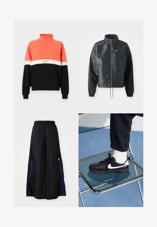 Chaqueta negra corta con cuello alto, cierre de cremallera, puños de elastano y un logo de Nike en blanco. Tejido suave y brillante con una superficie ligeramente texturizada.; Sudadera con cremallera en color coral, blanco y marino. Presenta puños de canalé, mangas raglán y el logo de Roxy en el pecho. Tela suave.; Pantalones de pierna ancha negros, confeccionados en una tela ligera, con un panel lateral azul marino y una cinturilla elástica. Logotipo blanco pequeño en la parte inferior.; Zapatillas Nike negras con acentos blancos, con una textura de cuero suave, diseño de cordones y punta redondeada, colocadas sobre una silla de cristal.