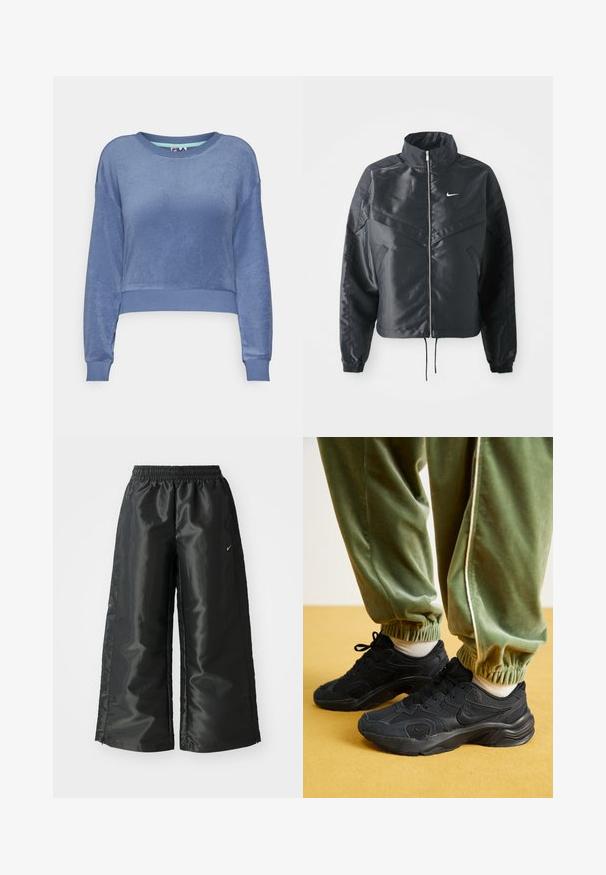 Fekete, rövidített dzseki magas gallérral, cipzáras záródással, elasztikus mandzsettákkal, és fehér Nike logóval. Simább, fényes anyag, enyhén textúrázott felülettel.; Kék, rövidre szabott pulóver puha, texturált anyagból, bordázott ujjakra és gallérra. A nyakán egy kis logós címke található.; Fekete sportnadrág fényes, sima anyagból, rugalmas derékkal, széles lábakkal és egy kis logóval a bal oldalon.; Fekete sportcipők hálós és szintetikus borítással, texturált talppal, zöld, rugalmas mandzsettájú melegítőnadrággal, sárga felületen.