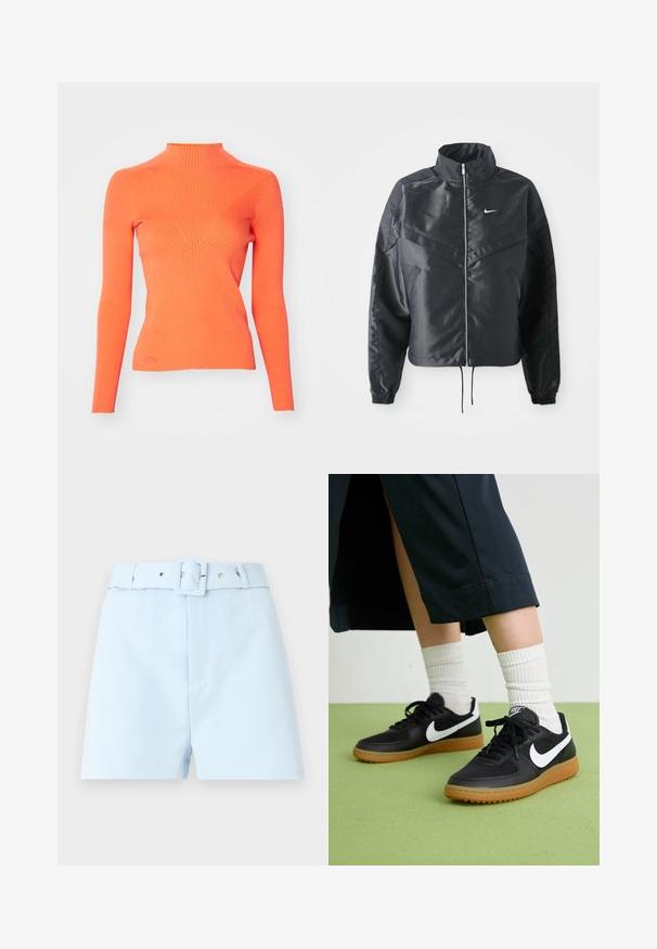 Juoda trumpa striukė su aukštu coloru, užtrauktuku, elastaniniu rankogaliu ir balta Nike logotipu. Lygus, blizgus audinys su šiek tiek tekstūruotu paviršiumi.; Ribota turtleneko megztinis ryškiai oranžinės spalvos, su ilgomis rankovėmis ir prigludusia siluetu, su V formos dizaino elementu priekyje.; Šviesiai mėlyni šortai su diržu, kuriuose yra kvadratinis sagtis ir metaliniai akcentai. Lygus audinys, pritaikytas siluetas ir klostuota priekis.; Juodos odinės ir sintetinių medžiagų sportbačiai su balta Nike swoosh, guminis padas, apvalus pirštas ir juodi raišteliai. Matomos banguotos baltos kojinės.