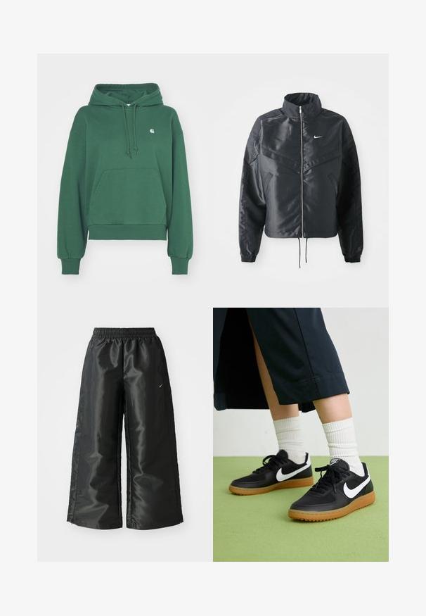 Černá zkrácená bunda s vysokým límcem, zipovým zapínáním, elastickými manžetami a bílým logem Nike. Hladká, lesklá látka s mírně strukturovaným povrchem.; Carhartt WIP HOODED CASEY - Mikina s kapucí - sycamore tree/silver; Černé sportovní kalhoty z lesklé, hladké látky, s elastickým páskem, širokými nohavicemi a malým logem na levé straně.; Černé kožené a syntetické tenisky s bílým logem Nike, gumovou podrážkou, kulatou špičkou a černými tkaničkami. Viditelné žebrované bílé ponožky.