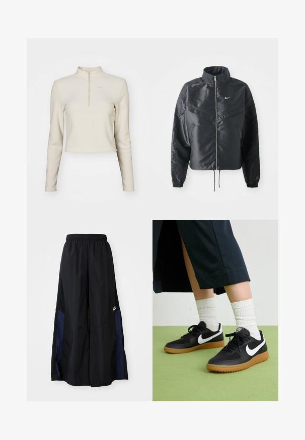 Giacca nera cropped con colletto alto, chiusura a zip, polsini in elastan e logo Nike bianco. Tessuto liscio e lucido con una superficie leggermente texturizzata.; Nike Sportswear Felpa in pile - light orewood brown/sail; Pantaloni neri a gamba larga realizzati in tessuto leggero, con un pannello laterale blu navy e una cintura elastica. Piccolo logo bianco sul fondo.; Sneaker in pelle nera e sintetica con logo Nike bianco, suola in gomma, punta rotonda e lacci neri. Calze bianche a righe visibili.
