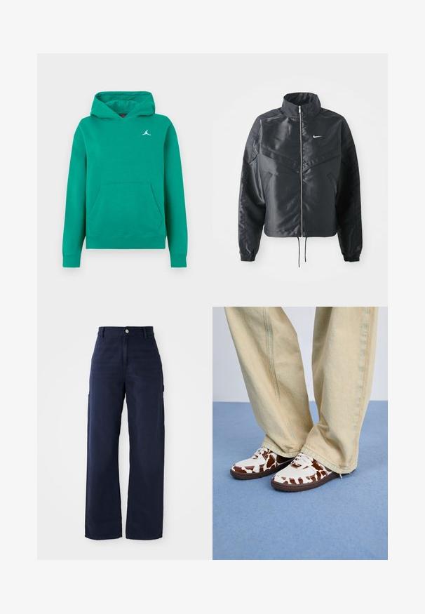 Svart cropped jakke med høy krage, glidelåsåpning, elastiske mansjetter og en hvit Nike-logo. Glatt, shiny stoff med en lett teksturert overflate.; Grønn hettegenser laget av mykt stoff, med kengurulomme og ribbede mansjetter. Lite hvitt Jumpman-logo på brystet. Klassisk avslappet passform.; Marineblå vide bukser med cargo-design laget av solid bomullsstoff, med sidelommer og knappelukking i midjen.; Hvite og brune mønstrede joggesko med mesh og lær, med brune gummislipper. Kombinert med lyse beige vide bukser.