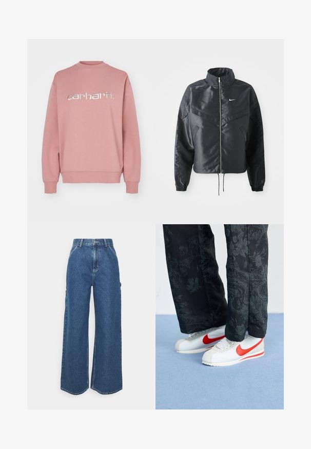 Black cropped jacket with high collar, zip closure, elastane cuffs, and a white Nike logo. Smooth, shiny fabric with a slightly textured surface.; Pink sweatshirt made of cotton blend, featuring a crew neckline and ribbed cuffs. Large silver "carhartt" logo across the chest.; Wide-leg blue denim trousers with a high waist, contrasting stitching, and side pockets, featuring a classic five-pocket design and raw hems.; White Nike sneakers with red accents, paired with black pants featuring a floral pattern. Texture is smooth with a flat braid sole.
