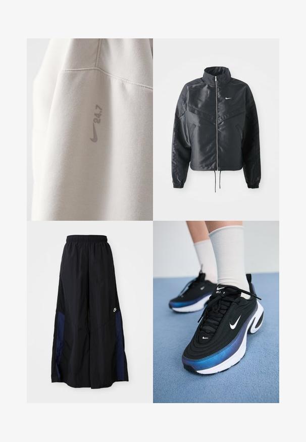 Melna apgriezta jaka ar augstu apkakli, rāvējslēdzēja aizdari, elastīna aprocēm un baltu Nike logo. Gluda, spīdīga auduma ar nedaudz teksturētu virsmu.; Gaiši pelēks džemperis, izgatavots no mīksta auduma, ar Nike logo un izdruku "24.7" nedaudz tumšākā tonī. Gluda tekstūra, minimālistisks dizains.; Melni plata kāju bikses no viegla auduma, ar tumši zilu sānu paneli un elastīgu jostu. Mazs balts logotips apakšā.; Melnie Nike sporta apavi ar gludu auduma virsmu, argradienta zilu uz melnu dizainu, balta zole un izteiksmīgi logotipa akcenti.