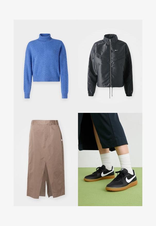 Black cropped jacket with high collar, zip closure, elastane cuffs, and a white Nike logo. Smooth, shiny fabric with a slightly textured surface.; Cropped blue sweater with a high neck, featuring textured knitted patterns and ribbed cuffs. Made from soft, warm material.; Brown cotton skirt with a straight design, featuring a front split, side pockets, and a standard waistband. Smooth texture and tailored seams.; Black leather and synthetic sneakers with white Nike swoosh, rubber gum sole, round toe, and black laces. Ribbed white socks visible.