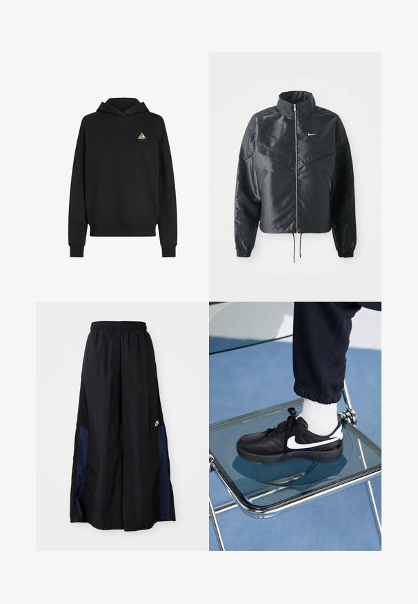 Chaqueta negra corta con cuello alto, cierre de cremallera, puños de elastano y un logo de Nike en blanco. Tejido suave y brillante con una superficie ligeramente texturizada.; Sudadera negra con bolsillo canguro, cordón ajustable y un logo triangular multicolor en el área del pecho izquierdo. Material suave.; Pantalones de pierna ancha negros, confeccionados en una tela ligera, con un panel lateral azul marino y una cinturilla elástica. Logotipo blanco pequeño en la parte inferior.; Zapatillas Nike negras con acentos blancos, con una textura de cuero suave, diseño de cordones y punta redondeada, colocadas sobre una silla de cristal.