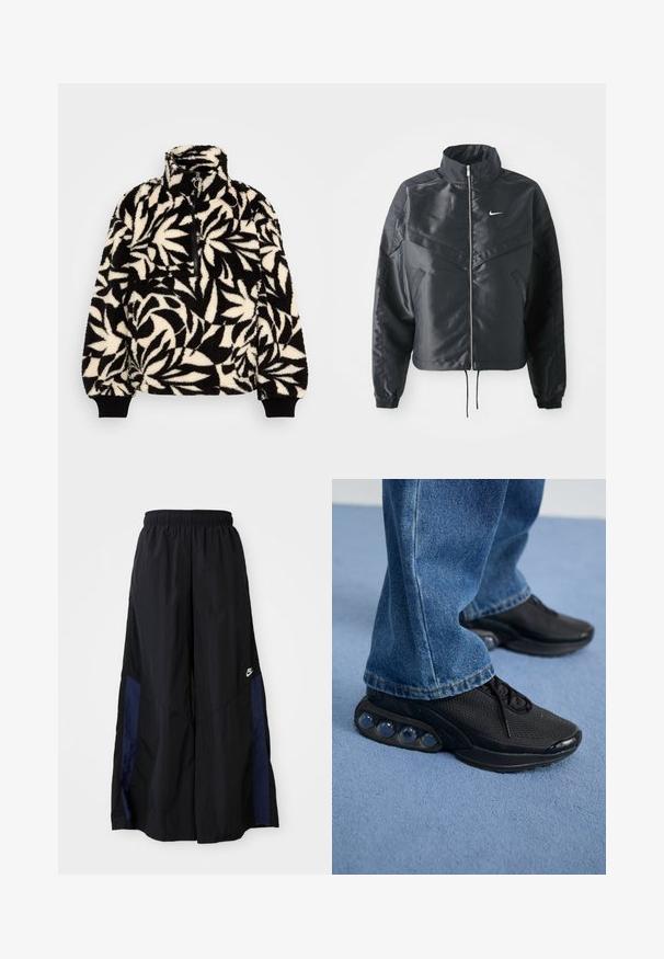 Black cropped jacket with high collar, zip closure, elastane cuffs, and a white Nike logo. Smooth, shiny fabric with a slightly textured surface.; Black and cream fleece pullover with a high collar, half zipper, and a leaf pattern. Cuffs have black elastic bands for a snug fit.; Black wide-leg pants made of lightweight fabric, featuring a navy blue side panel and an elastic waistband. Small white logo on bottom.; Black athletic sneakers with mesh upper, textured accents, and visible air cushioning pods in the sole. Worn with blue denim jeans.