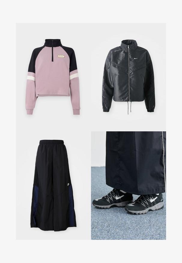 Svart cropped jakke med høy krage, glidelåsåpning, elastiske mansjetter og en hvit Nike-logo. Glatt, shiny stoff med en lett teksturert overflate.; Lilla kortermet genser med svart krage og ermeaksenter. Har en halv glidelås og Roxy-logo i gull på brystet. Myk tekstur.; Svarte vide bukser laget av lett stoff, med et marineblått sidestykke og elastisk midjebånd. Liten hvit logo nederst.; Svarte treningssko med teksturert overdel, sølv detaljer og mønstrete såle, sammen med et svart langt plagg. Plassert på et blått teppe.