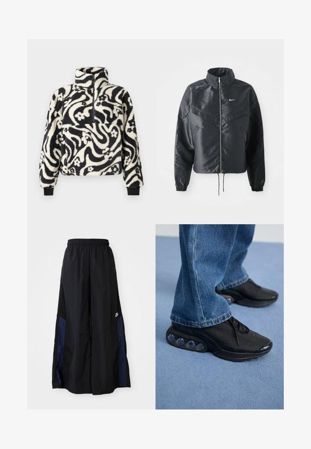 Veste noire courte avec col haut, fermeture éclair, poignets en élasthanne et logo Nike blanc. Tissu lisse et brillant avec une surface légèrement texturée.; Pull-over en polaire noir et blanc avec un col haut, décoré d'un motif floral tourbillonnant et de manches à bords côtelés. Fermeture éclair à l'avant.; Pantalons larges noirs en tissu léger, avec un panneau latéral bleu marine et une taille élastique. Petit logo blanc en bas.; Baskets de sport noires avec tige en mesh, accents texturés et poches de coussin d'air visibles dans la semelle. Portées avec un jean en denim bleu.