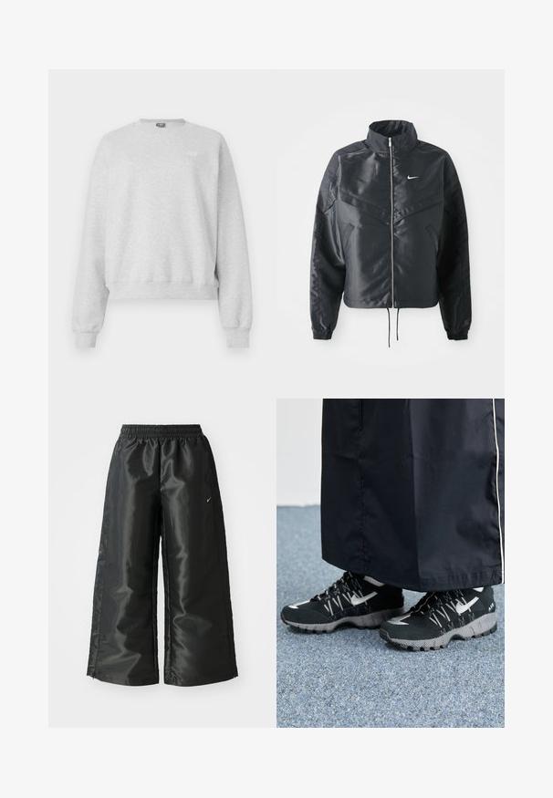 Casaco preto curto com colarinho alto, fecho de zip, punhos em elastano e um logótipo Nike branco. Tecido suave e brilhante com uma superfície ligeiramente texturizada.; Sweatshirt cinza em mistura de algodão suave, com um decote redondo, mangas compridas e bainha canelada. Pequeno detalhe de logotipo na frente.; Calças atléticas pretas com um tecido brilhante e suave, apresentando uma cintura elástica, pernas largas e um pequeno logotipo do lado esquerdo.; Tênis atléticos pretos com um cabedal texturizado, detalhes prateados e um solado estampado, combinados com uma peça longa preta. Ambientado sobre um tapete azul.