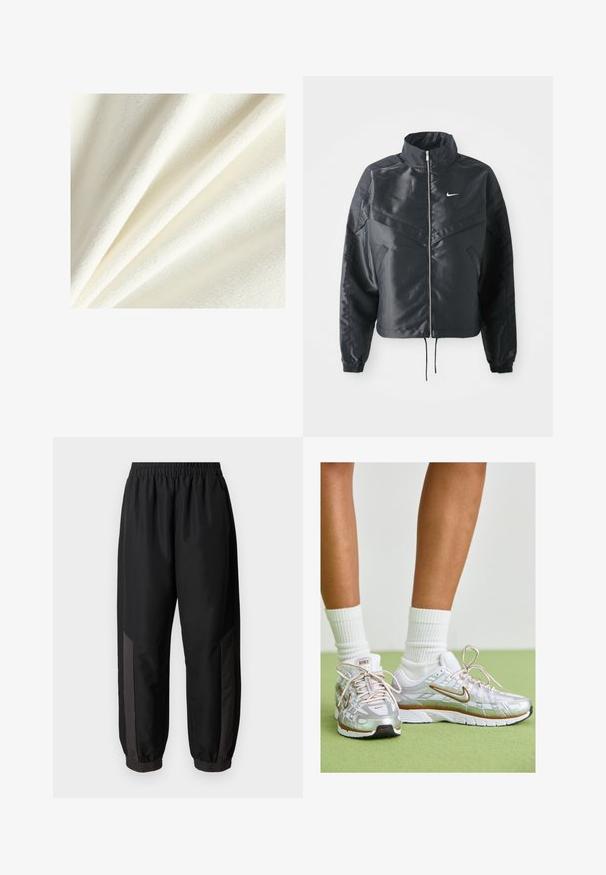 Mustat lyhyet takit, joissa on korkea kaulus, vetoketjukiinnitys, elastaanista valmistetut hihan suut ja valkoinen Nike-logo. Sileä, kiiltävä kangas, jossa on hieman tekstuuria.; Valkoinen fleece-kangas, jossa on pehmeä ja ylellinen tekstuuri, näyttäen sileitä ja hieman kohotettuja kuituja, jotka on järjestetty lempeisiin poimuin.; Mustat urheiluhaalarit, jotka on valmistettu sileästä, kevyestä kankaasta. Ominaisuuksiin kuuluu joustava vyötärönauha, istuvat hihnat ja tummanharmaat sivupaneelit, joissa on logo.; Hopeiset urheilukengät valkoisilla ja kultaisilla yksityiskohdilla, kalvo ylhäältä, kumipohja ja heijastava pinta. Sukat näkyvät nilkan ylle.