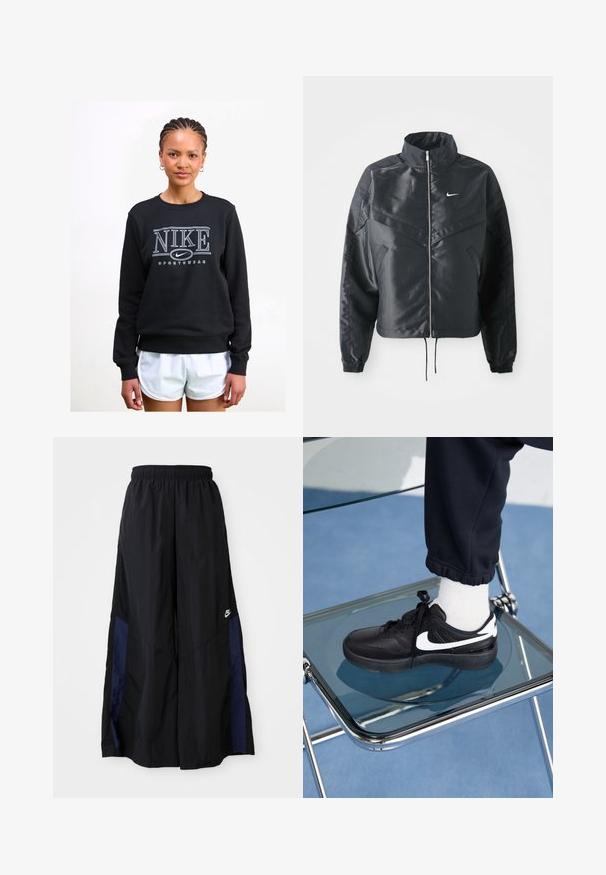 Giacca nera cropped con colletto alto, chiusura a zip, polsini in elastan e logo Nike bianco. Tessuto liscio e lucido con una superficie leggermente texturizzata.; Felpa nera con colletto rotondo, caratterizzata da un grande logo bianco "NIKE" e il testo "SPORTSWEAR" sotto, realizzata in tessuto morbido.; Pantaloni neri a gamba larga realizzati in tessuto leggero, con un pannello laterale blu navy e una cintura elastica. Piccolo logo bianco sul fondo.; Sneakers Nike neri con accenti bianchi, caratterizzati da una superficie in pelle liscia, design con lacci e punta rotonda, posizionati su una sedia di vetro.