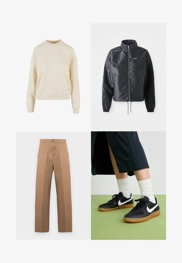 Giacca nera cropped con colletto alto, chiusura a zip, polsini in elastan e logo Nike bianco. Tessuto liscio e lucido con una superficie leggermente texturizzata.; Sweatshirt crema a girocollo con maniche lunghe, vestibilità comoda, polsini a coste e una texture liscia, che mette in evidenza la semplicità nel design.; Pantaloni di cotone marroni con design a gamba dritta, caratterizzati da una chiusura con bottoni, passanti per cintura e cuciture minimaliste per un look pulito.; Sneaker in pelle nera e sintetica con logo Nike bianco, suola in gomma, punta rotonda e lacci neri. Calze bianche a righe visibili.
