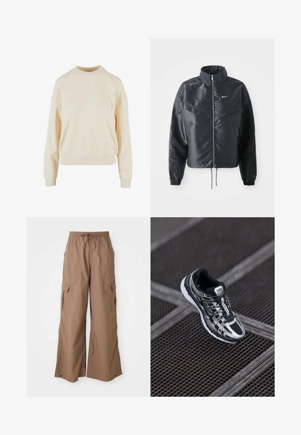 Black cropped jacket with high collar, zip closure, elastane cuffs, and a white Nike logo. Smooth, shiny fabric with a slightly textured surface.; Cream-colored crewneck sweatshirt with long sleeves, a relaxed fit, ribbed cuffs, and a smooth texture, highlighting simplicity in design.; Brown loose-fit cargo pants with drawstring waist and side flap pockets, wide leg design, displayed against a white background.; Nike running shoe featuring a black and silver color scheme, mesh upper, textured sole, and lacing system for secure fit.