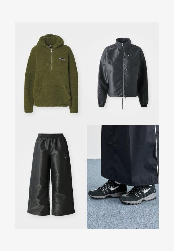 Giacca nera cropped con colletto alto, chiusura a zip, polsini in elastan e logo Nike bianco. Tessuto liscio e lucido con una superficie leggermente texturizzata.; Ellesse ZEPPY - Felpa con cappuccio - khaki; Pantaloni sportivi neri con un tessuto lucido e morbido, dotati di una vita elasticizzata, gambe larghe e un piccolo logo sul lato sinistro.; Scarpe sportive nere con tomaia testurizzata, dettagli argentati e suola con motivo, abbinate a un lungo indumento nero. Ambientate su un tappeto blu.